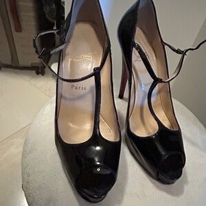 Christian Louboutin Black Lacquered Stiletto Pumps with Open Toes